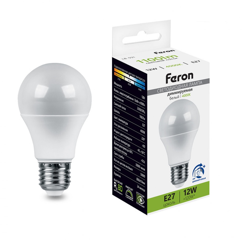 Лампа светодиодная A60 шар диммируемая 12W 230V E27 4000К Feron 51053_FR