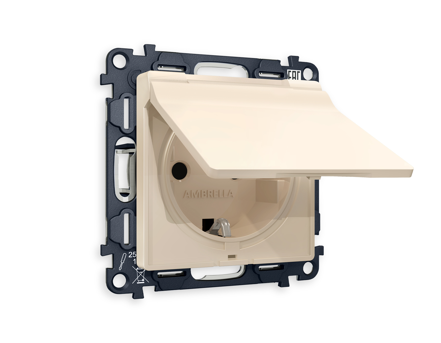 Розетка Ambrella Volt ALFA с заземлением со шторками и защитной крышкой 2P+E 16A-250V IP44 QUANT MA328010_AMB