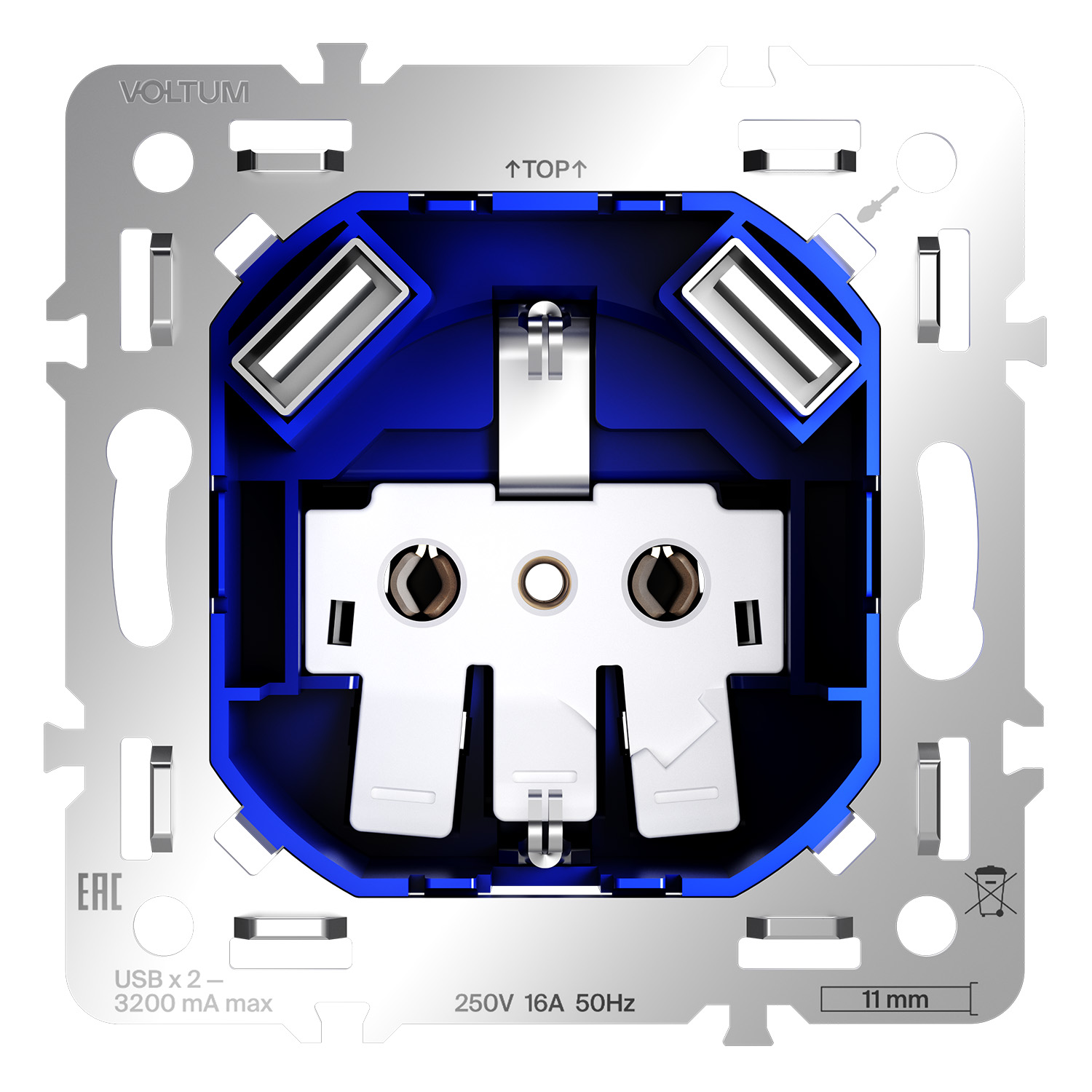 Механизм розетки с заземлением и защитными шторками 16А с USB A+A S70 VLS0404M