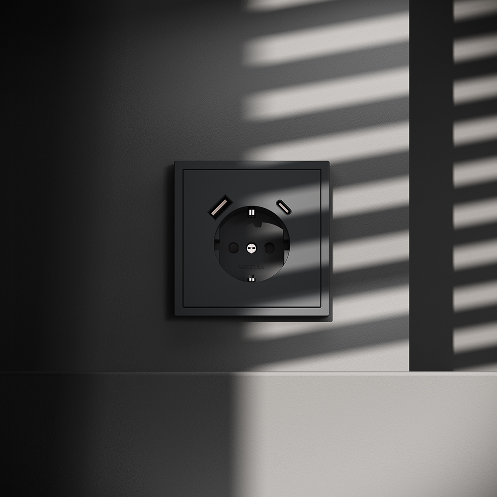 Розетка встраиваемая VOLTUM S70 с заземлением и защитными шторками, 16А, с USB, A+С VLS040507