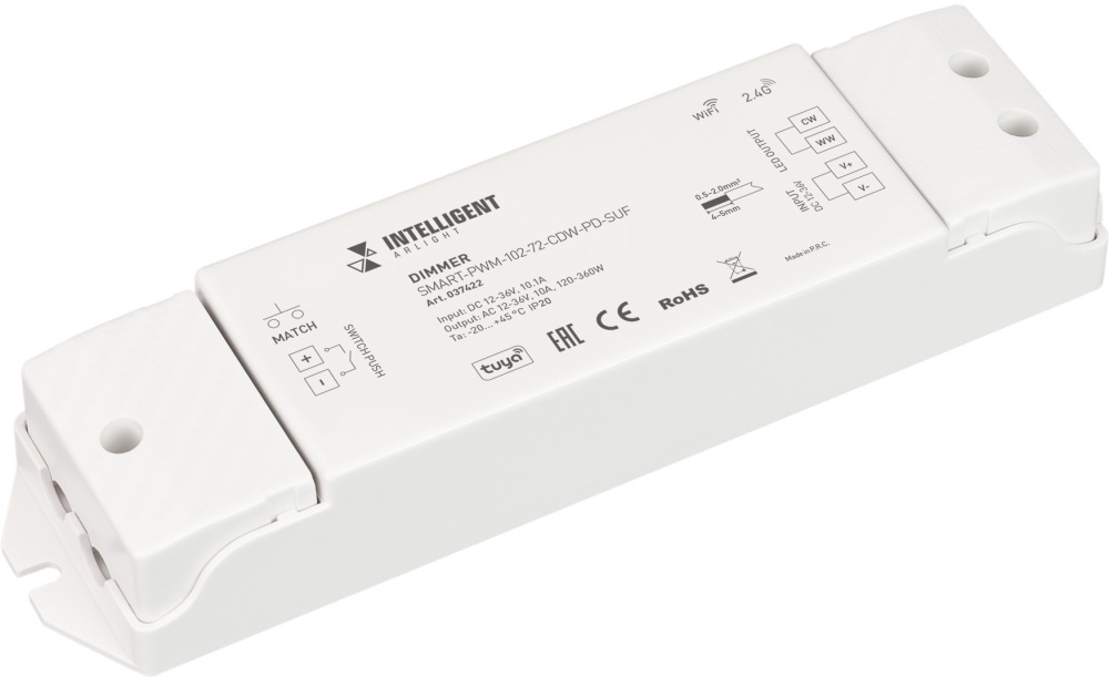 INTELLIGENT Диммер SMART-PWM-102-72-CDW-PD-SUF (12-36V, 2x5A, TUYA Wi-Fi, 2.4G) (IARL, IP20 Пластик, 5 лет) 037422 Arlight 037422_ARL