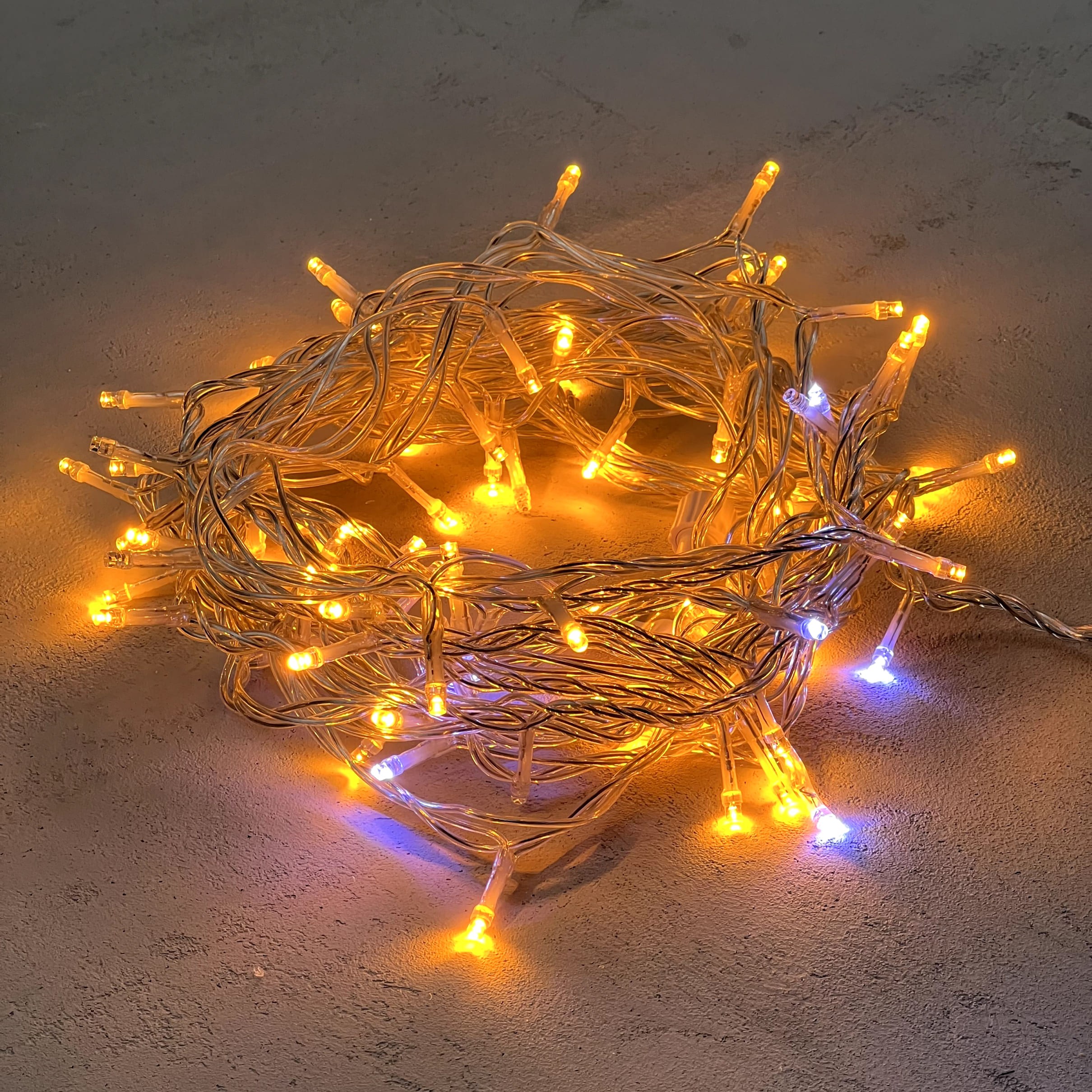 Гирлянда Нить 10м Желтая с Мерцанием Белого Диода 24В, 100 LED, Провод Прозрачный ПВХ, IP54 PST100BLW-10-1Y