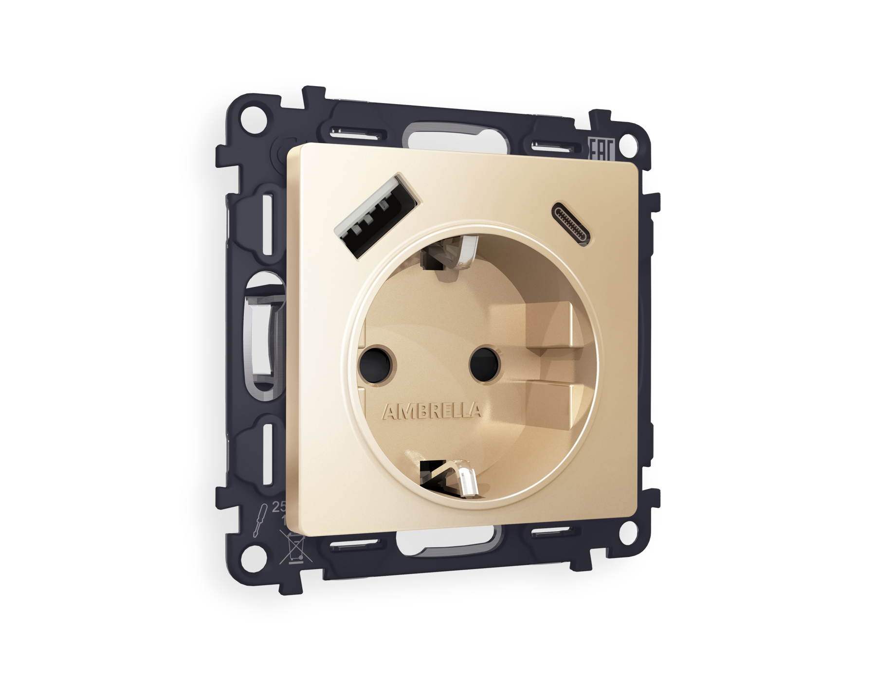 Розетка Ambrella Volt ALFA 2USB A+C 20W быстрая зарядка с заземлением и шторками 2P+E 16A-250V QUANT MA610010_AMB