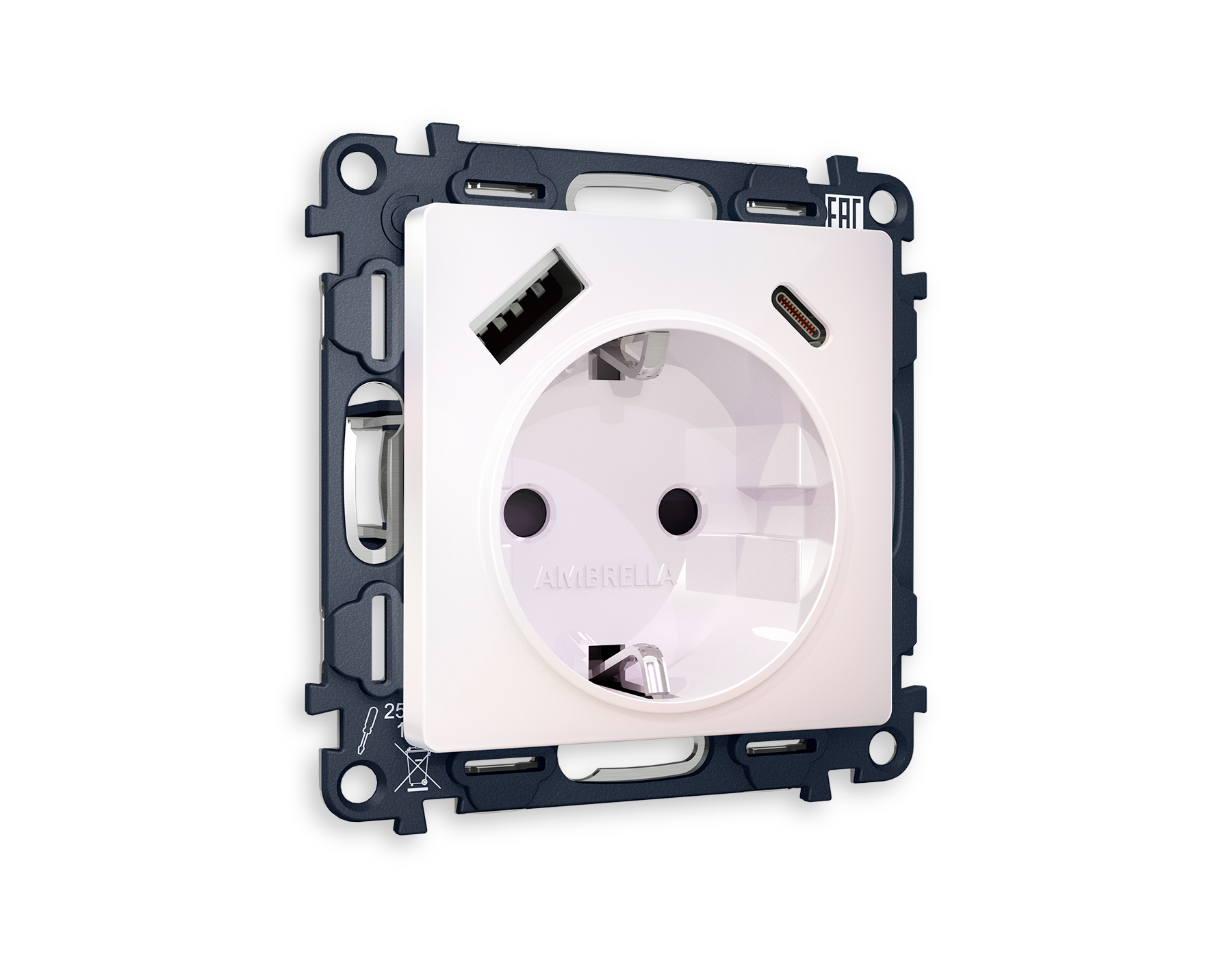 Розетка Ambrella Volt ALFA 2USB A+C 20W быстрая зарядка с заземлением и шторками 2P+E 16A-250V QUANT MA210010_AMB