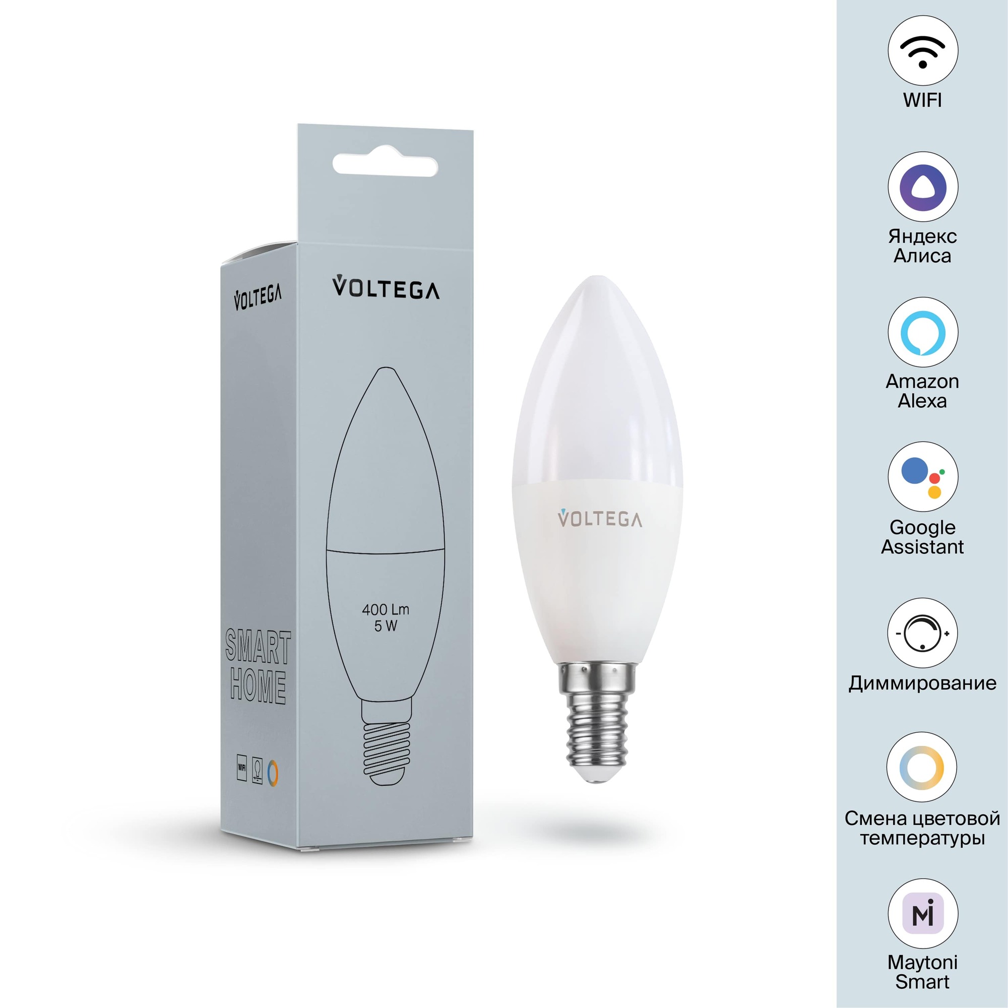 Лампочка Voltega Wi-Fi Candle E14 5W 2700K-6500K MIX DIM 2427_VG
