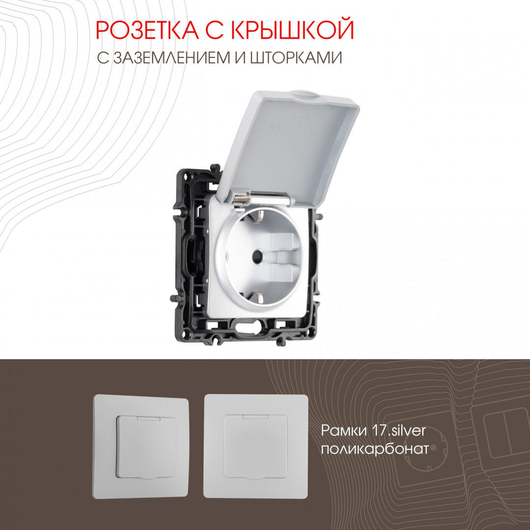 Розетка с заземлением шторками и защитной крышкой 16A 250V Arte Milano 217.41-1.silver