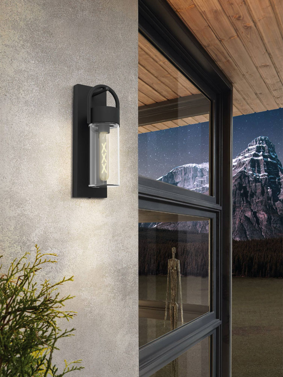 Уличный настенный светильник Eglo CARRARO, E27, 1X60W, IP44, L115, H380, A130, сталь, черный/стекло, прозрачный 900285