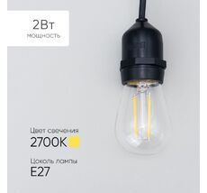 Лампа Филаментная H60 мм 220В, Цоколь E27, 2 Вт, Тепло-белая, 2700К LTC FLM27-2W-2WW