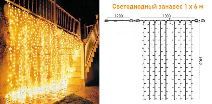 Гирлянда Занавес 1 x 6 м Желтый 220В, 600 LED, Провод Черный ПВХ, IP54 PCL601-11-2Y