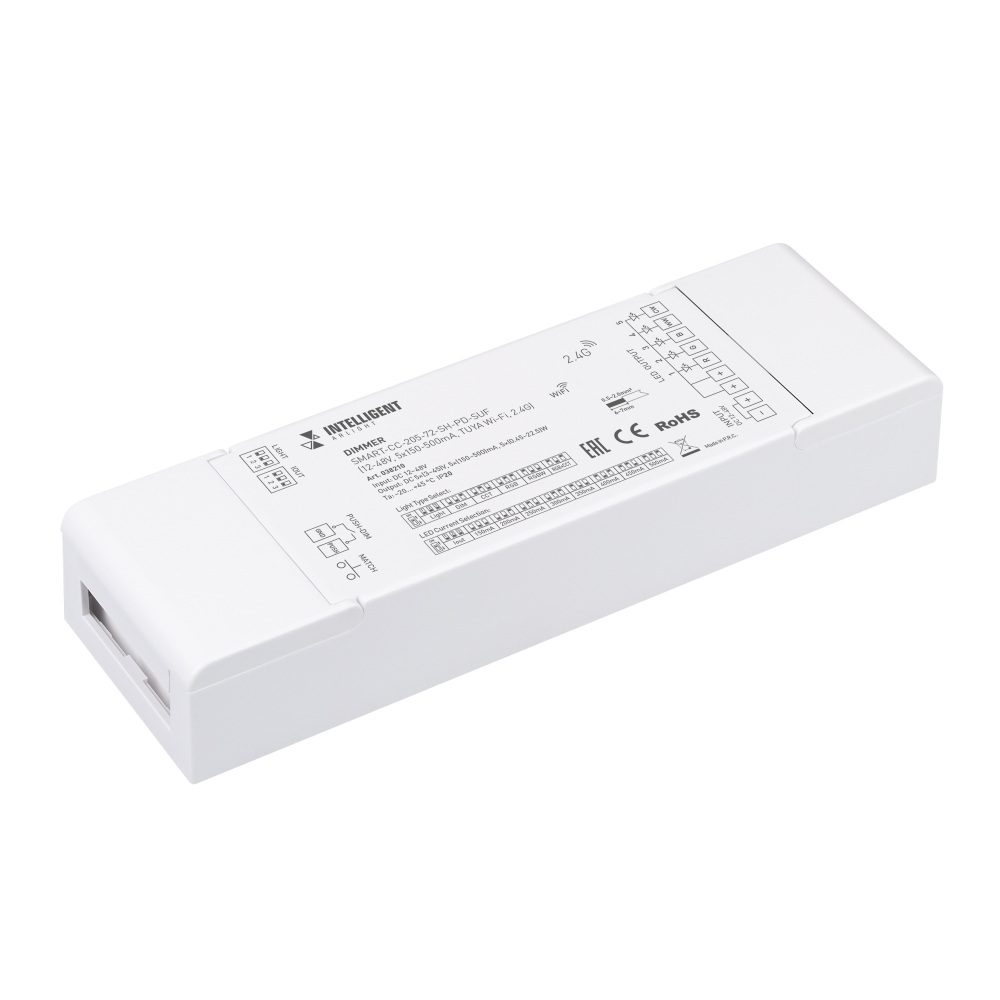 INTELLIGENT ARLIGHT Диммер SMART-CC-205-72-SH-PD-SUF (12-48V, 5x150-500mA, TUYA Wi-Fi, 2.4G) (IARL, IP20 Пластик, 5 лет) 038210 Arlight 038210_ARL