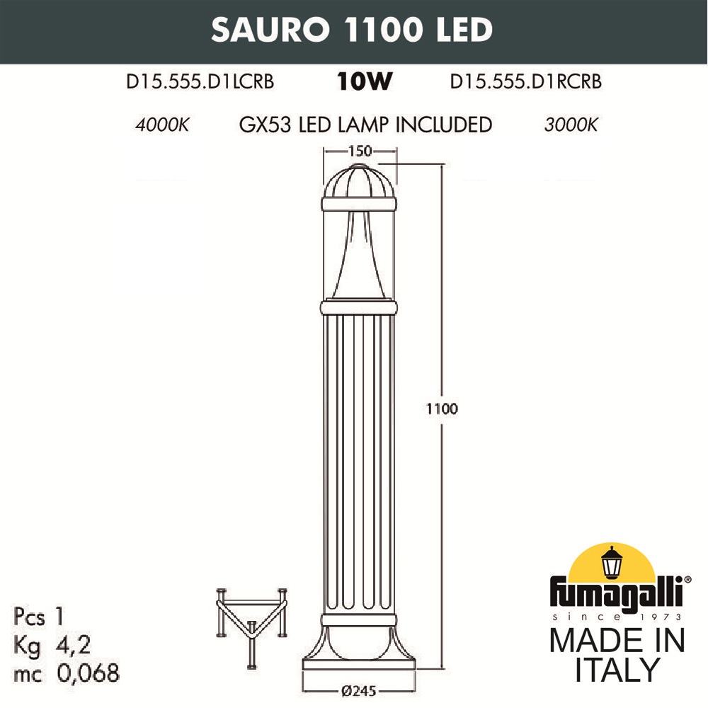 Уличный садовый светильник-столбик FUMAGALLI SAURO D15.555.000.VXD1L.CRB