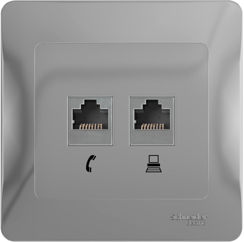 Розетка встраиваемая телефонная RJ-11 + Ethernet RJ-45 (алюминий) Systeme Electric GSL000385
