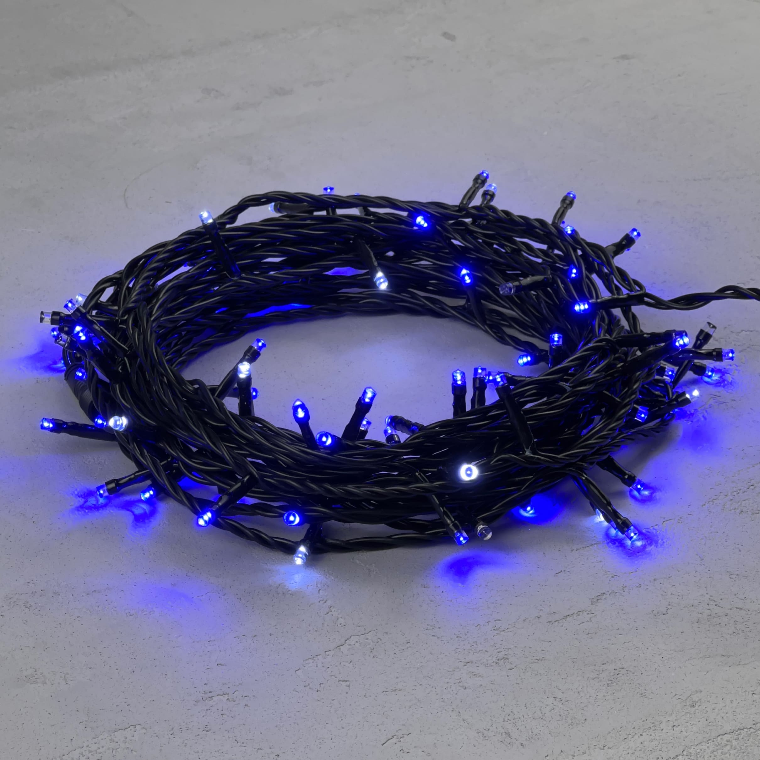 Гирлянда Нить 10м Синяя с Мерцанием Белого Диода 24В, 100 LED, Провод Черный ПВХ, IP54 PST100BLW-11-1B