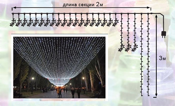 

Гирлянда Занавес 2 x 3 м Белый 220В, 600 LED, Провод Прозрачный ПВХ, IP54 01-055, 01-055