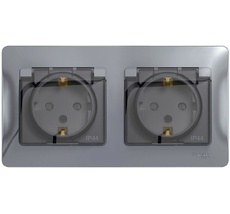 Розетка встраиваемая двойная с заземлением, шторками и крышкой (алюминий) IP44 Systeme Electric GSL000347
