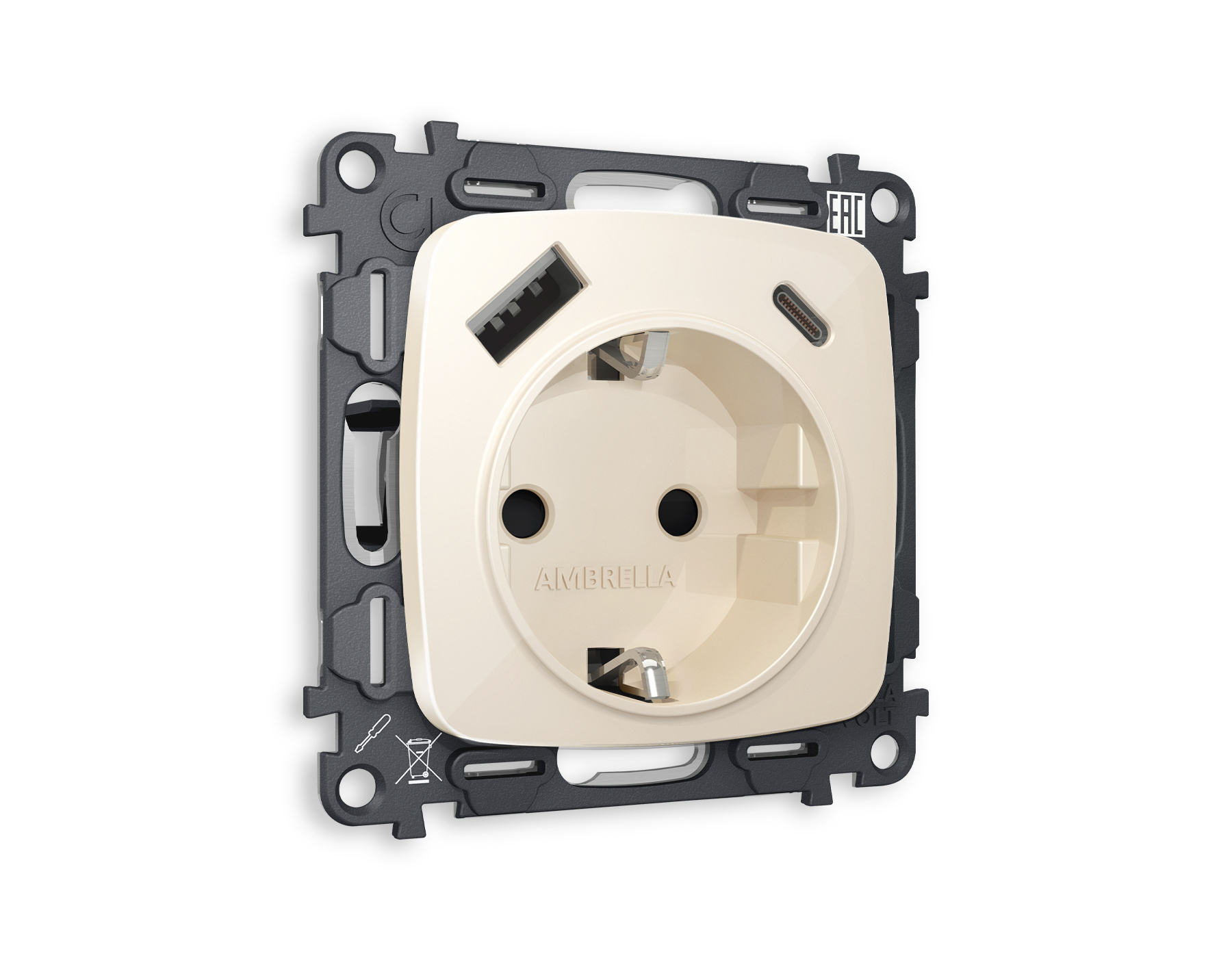 Розетка Ambrella Volt OMEGA 2USB A+C 20W быстрая зарядка с заземлением и шторками 2P+E 16A-250V QUANT MO310010_AMB