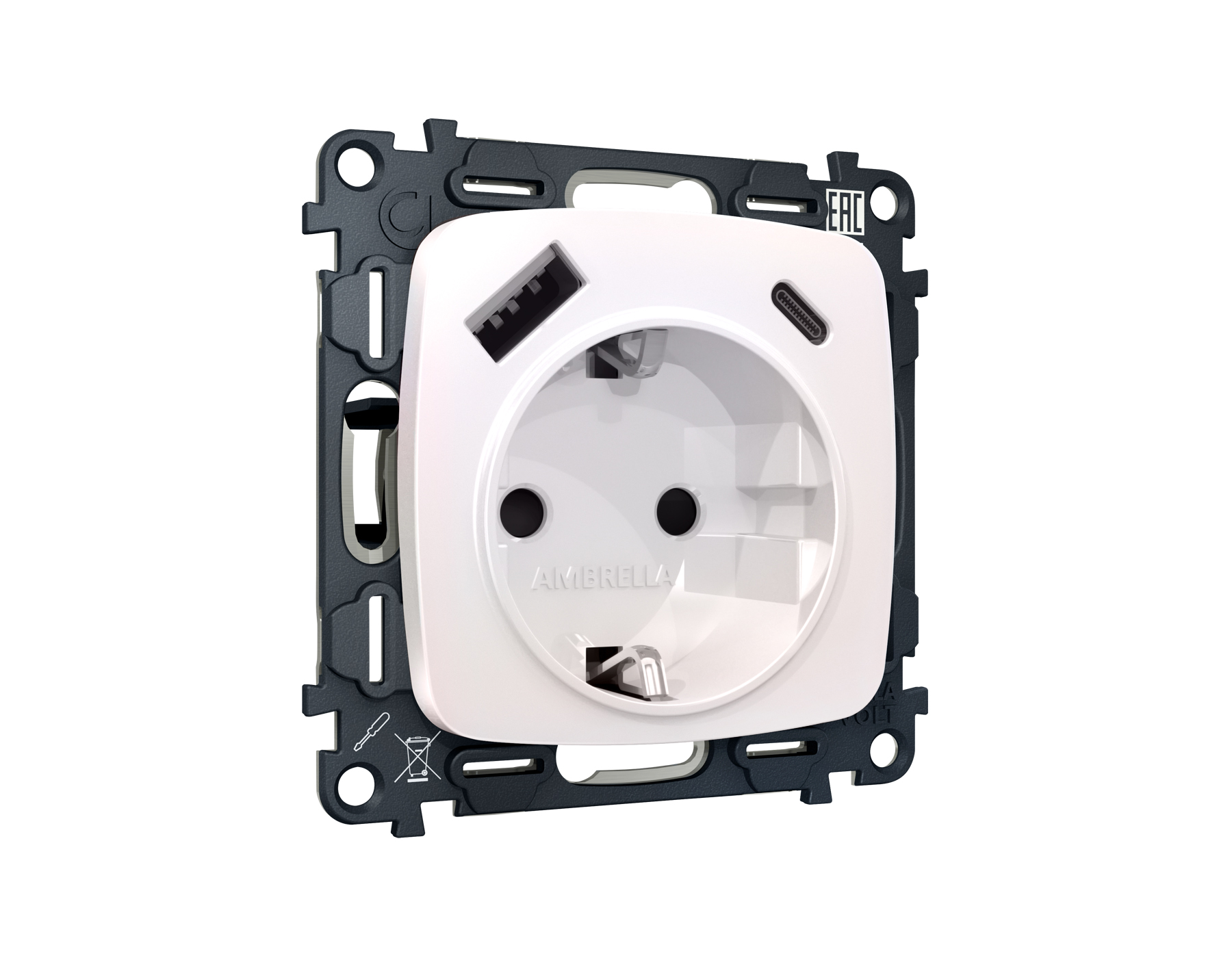 Розетка Ambrella Volt OMEGA 2USB A+C 20W быстрая зарядка с заземлением и шторками 2P+E 16A-250V QUANT MO210010_AMB