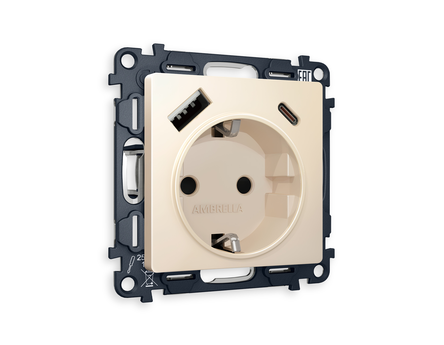 Розетка Ambrella Volt ALFA 2USB A+C 20W быстрая зарядка с заземлением со шторками 2P+E 16A-250V QUANT MA330010_AMB
