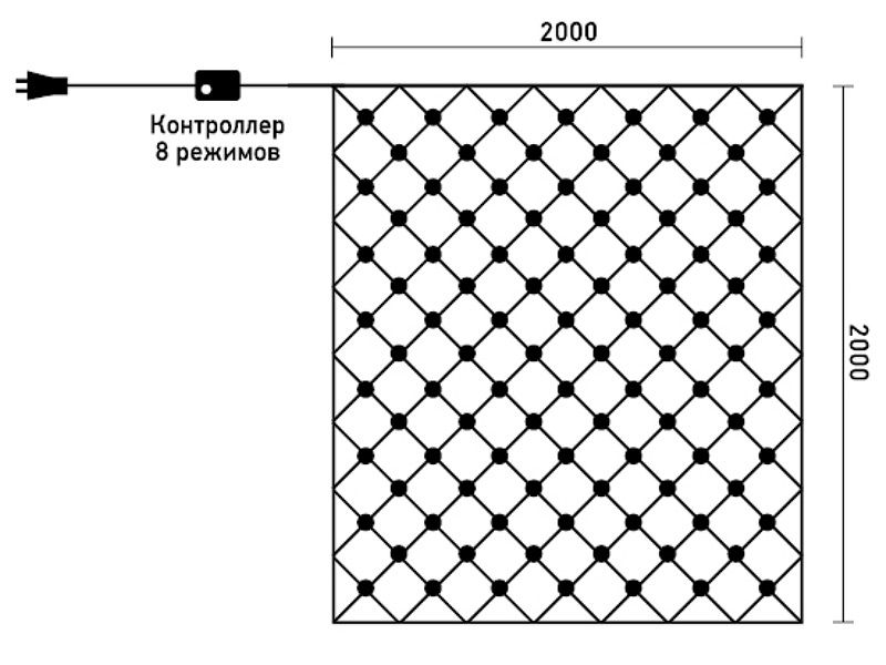 Светодиодная Сеть 2 x 2 м Белая с Контроллером 220В, 256 LED, Провод Прозрачный ПВХ, IP54 NTL256C-10-2W