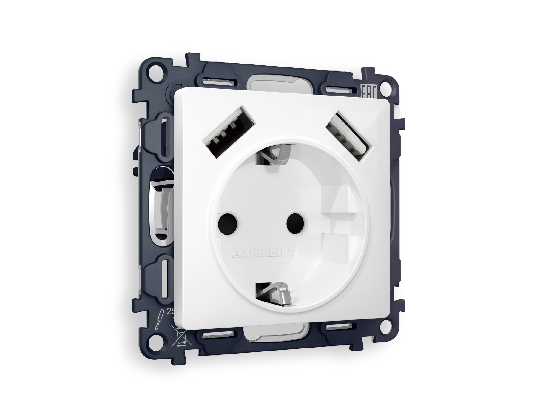 Розетка Ambrella Volt ALFA 2USB A+A 18W быстрая зарядка с заземлением и шторками 2P+E 16A-250V QUANT MA109010_AMB
