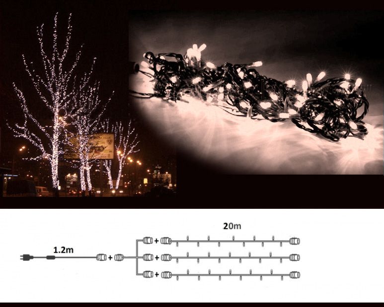 Комплект 3 Тепло-Белых Нити по 20м, 600 LED, Провод Черный ПВХ, IP54 KDD600-11-1WW