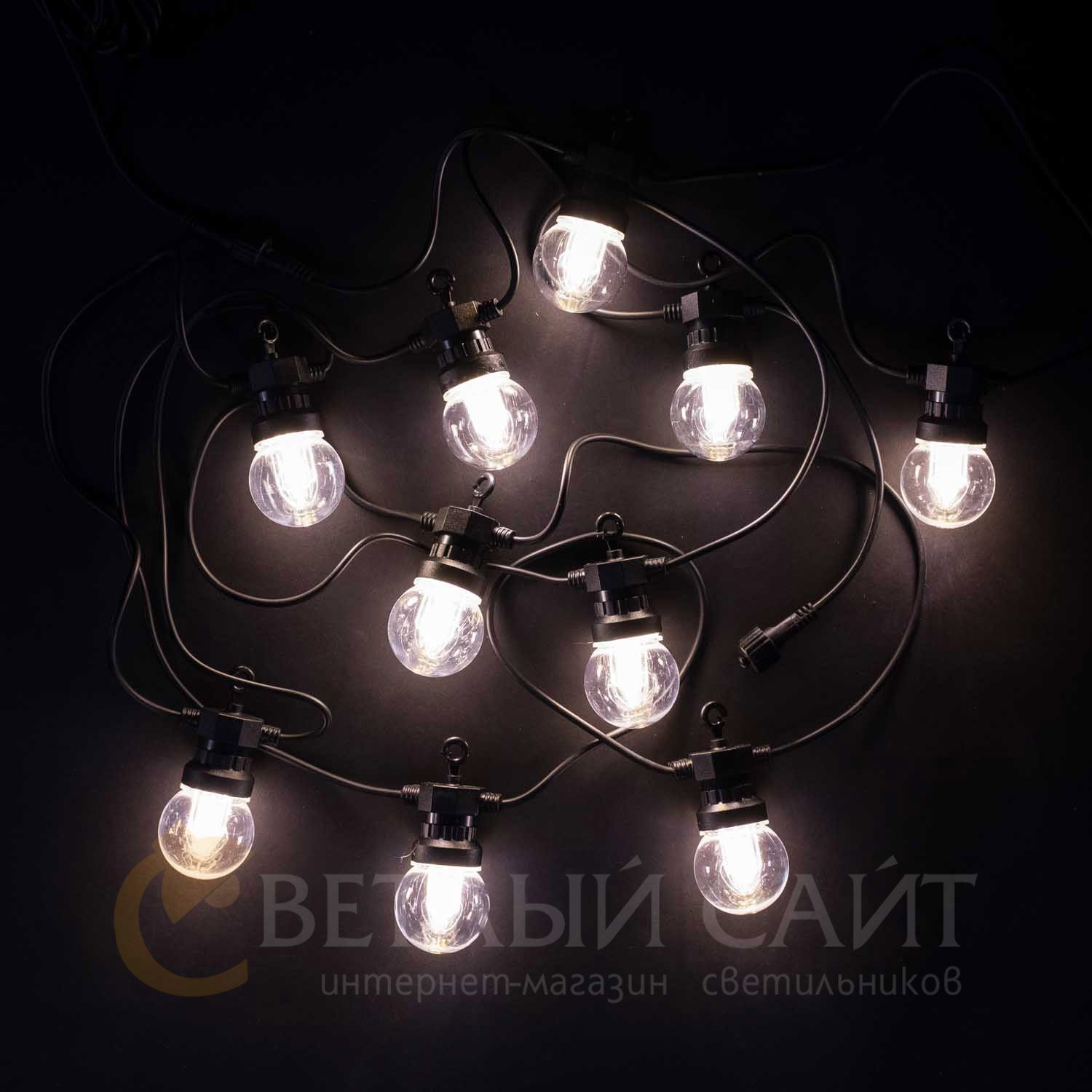 Светодиодная Гирлянда Прозрачная Колба 5м Белая 24В, 10 LED, Провод Черный ПВХ, IP54 BLL10G-11-1W