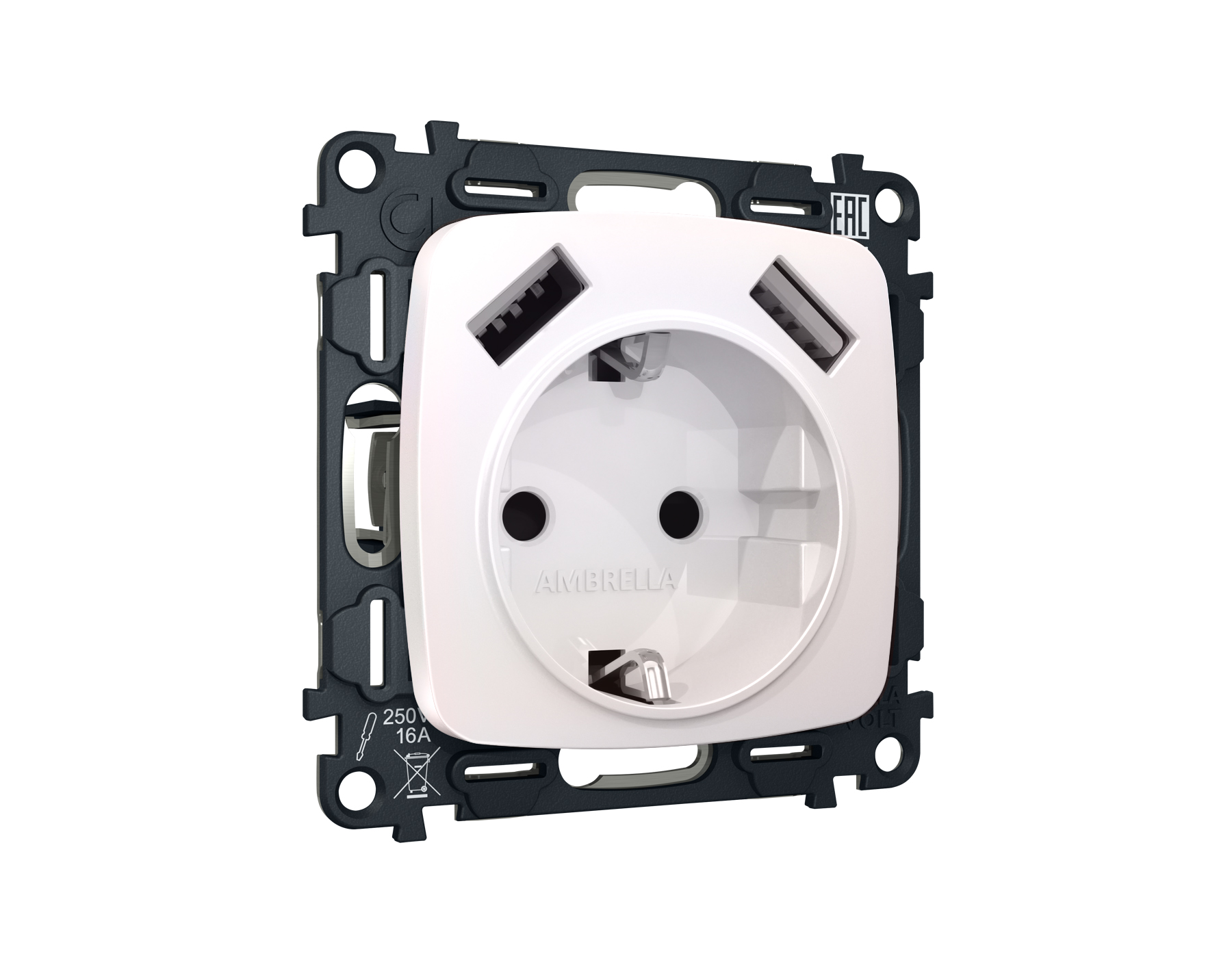 Розетка Ambrella Volt OMEGA 2USB A+A 18W быстрая зарядка с заземлением и шторками 2P+E 16A-250V QUANT MO209010_AMB