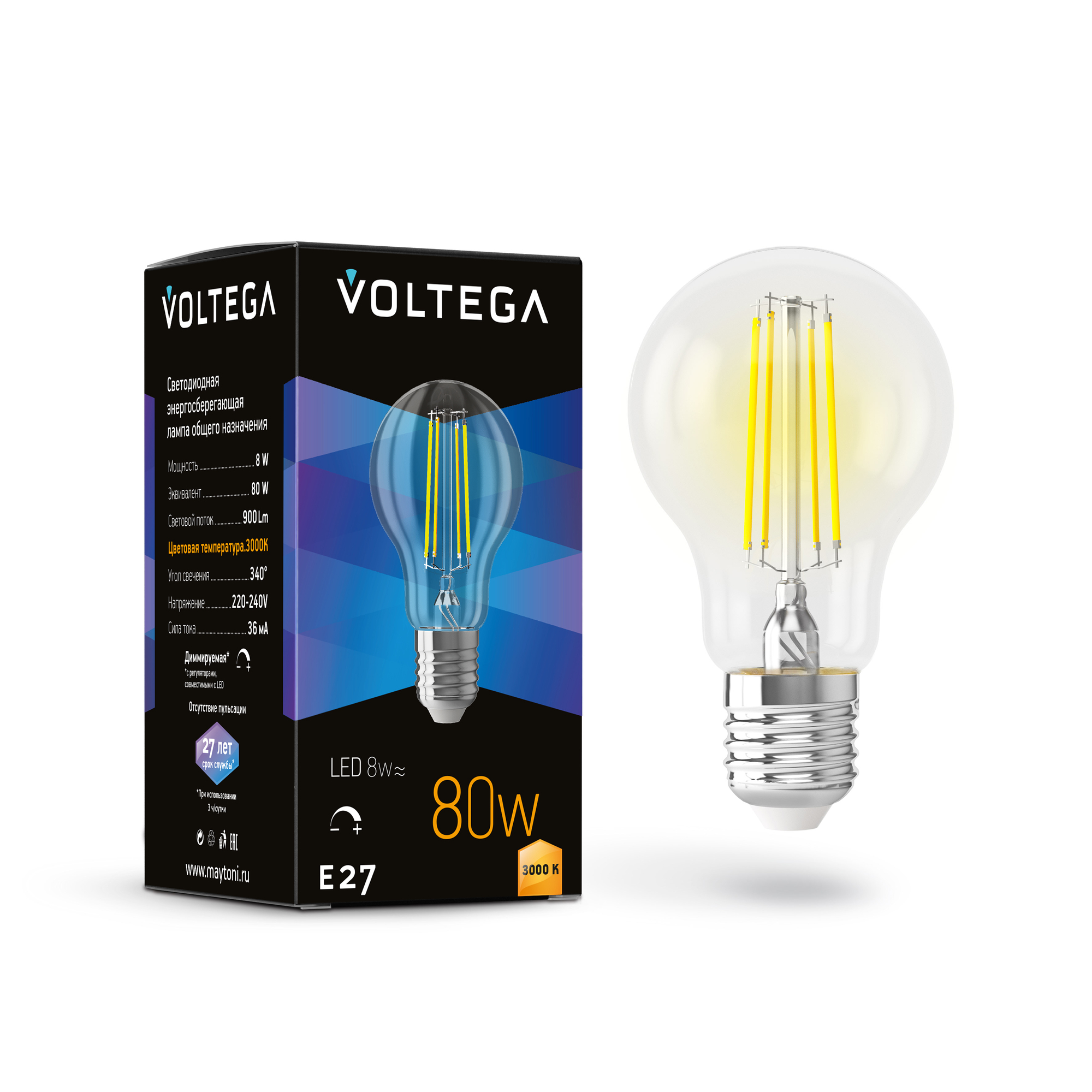 Светодиодная лампа Voltega Crystal A60 8W 3000K E27 DIM 7229_VG