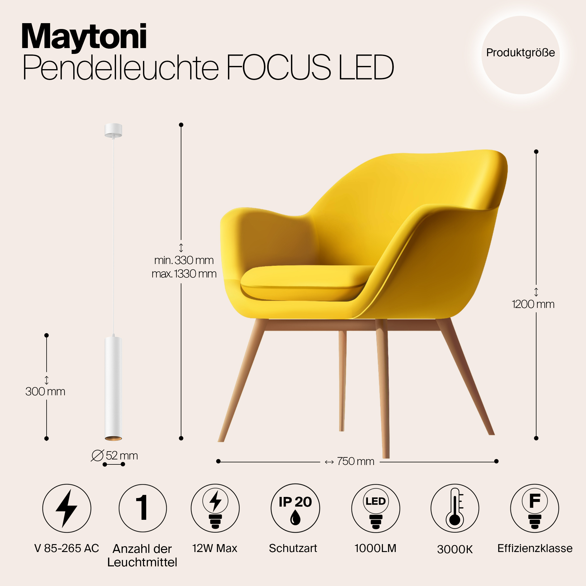 Подвесной светильник Maytoni Focus LED P072PL-L12W3K-1_MY