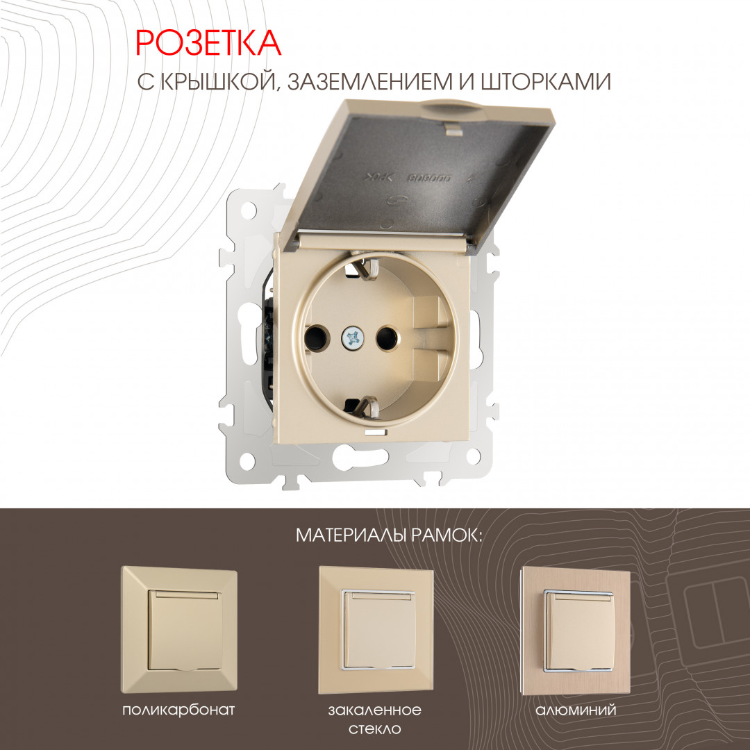 Розетка с заземлением шторками и защитной крышкой 16A 250V Arte Milano 203.41-1.shampan