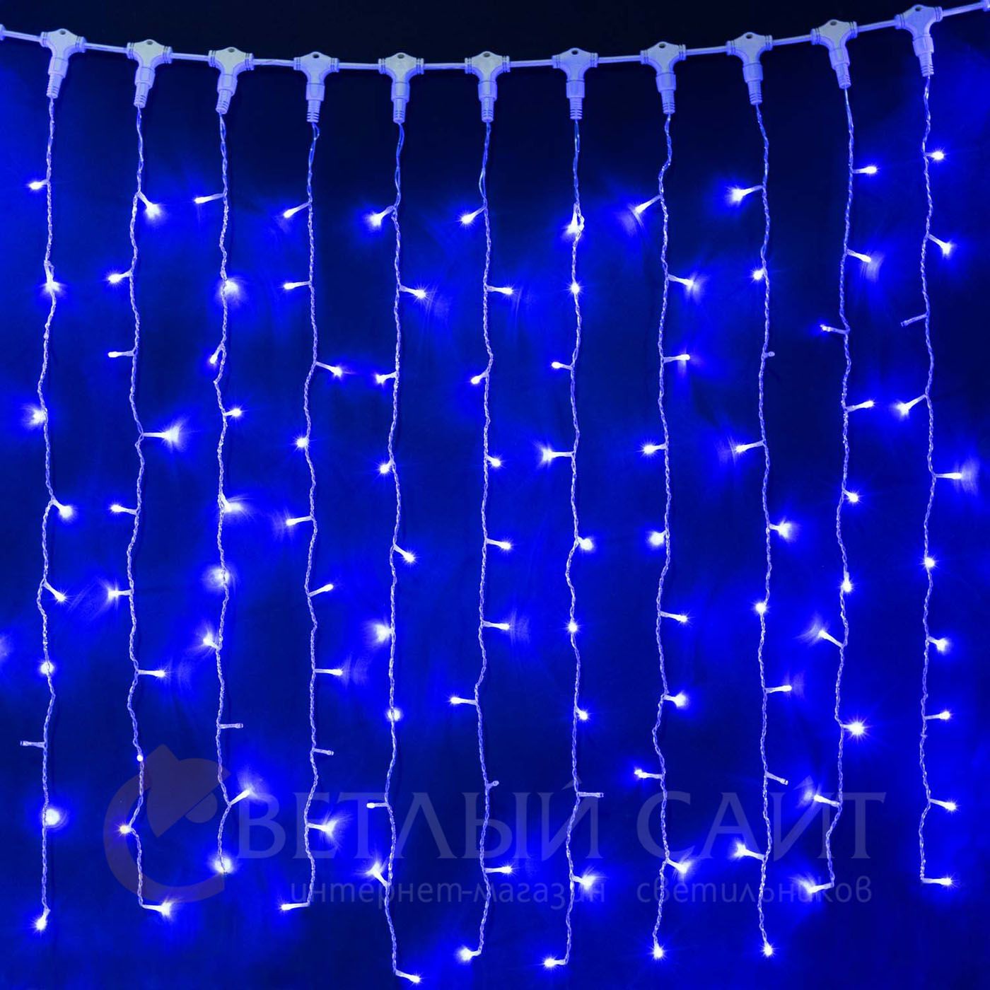 

Гирлянда Занавес 2 x 1 м Синий 220В, 200 LED, Провод Прозрачный ПВХ, IP54 01-093, 01-093