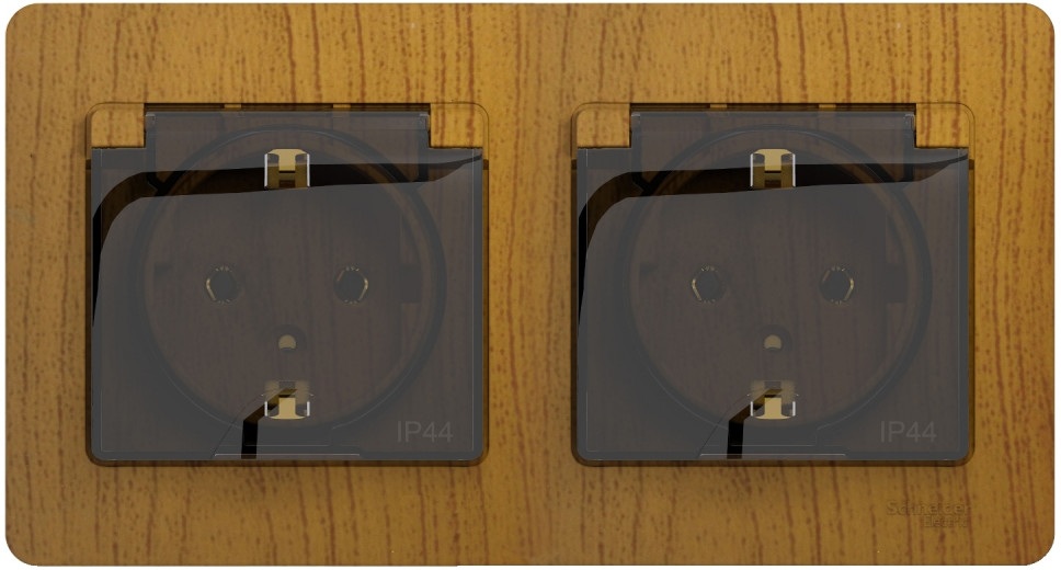 Розетка встраиваемая двойная с заземлением, шторками и крышкой (дуб) IP44 Systeme Electric GSL000547