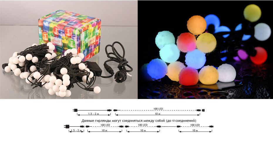 Гирлянда Шарики 10м Разноцветная с Мерцанием 6В, Диаметр Шарика 23мм, 100 LED, Провод Черный Каучук, IP65 BB100-2-2RGB