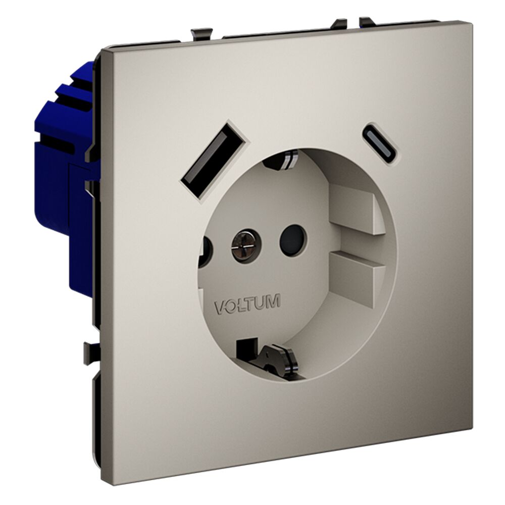 Розетка встраиваемая VOLTUM S70 с заземлением и защитными шторками, 16А, с USB, A+С VLS040503
