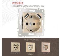 Розетка с заземлением шторками + USB 16A 250V USB DC 5V 2.1A Arte Milano 203.47-1.shampan