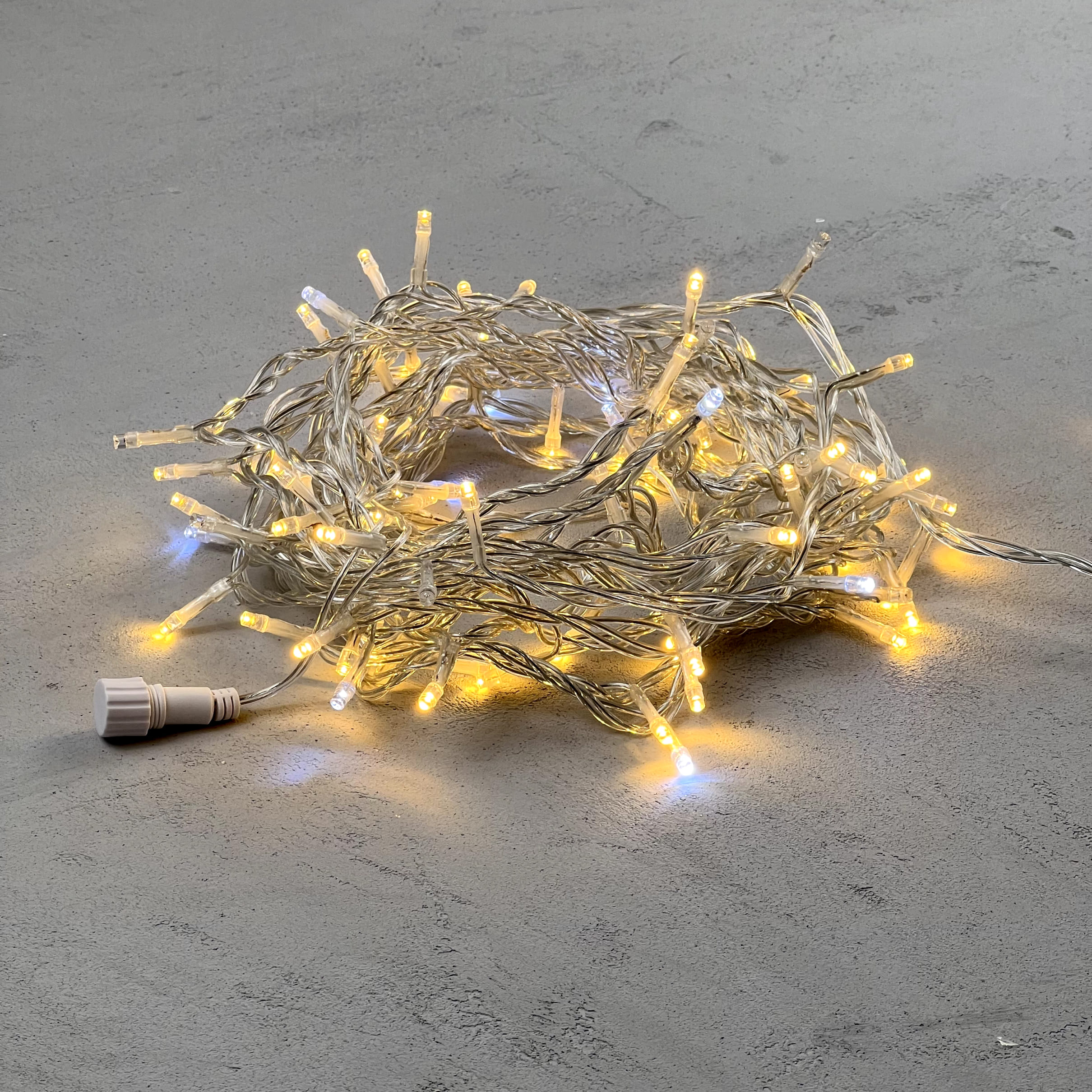 Гирлянда Нить 10м Тепло-Белая с Мерцанием Белого Диода 24В, 100 LED, Провод Прозрачный ПВХ, IP54 PST100BLW-10-1WW