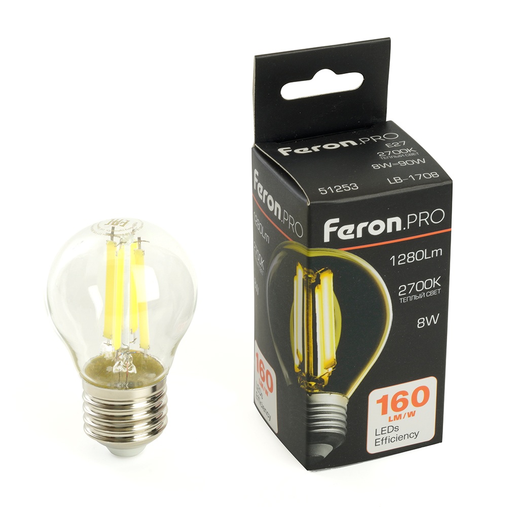 Лампа светодиодная филамент G45 шар 8W 175-265V E27 2700К Feron 51253_FR