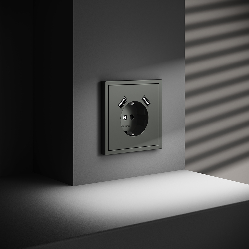 Розетка встраиваемая VOLTUM S70 с заземлением и защитными шторками, 16А, с USB, A+A VLS040406