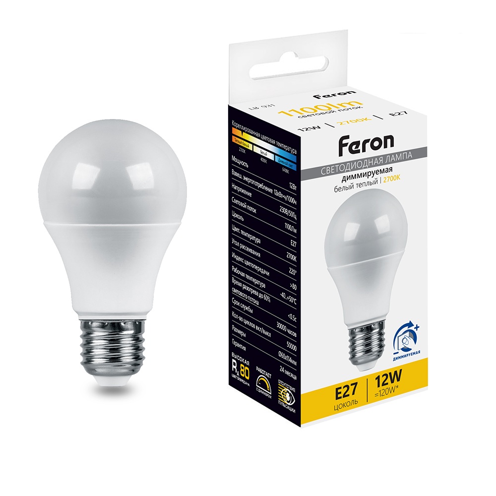 Лампа светодиодная A60 шар диммируемая 12W 230V E27 2700К Feron 51052_FR