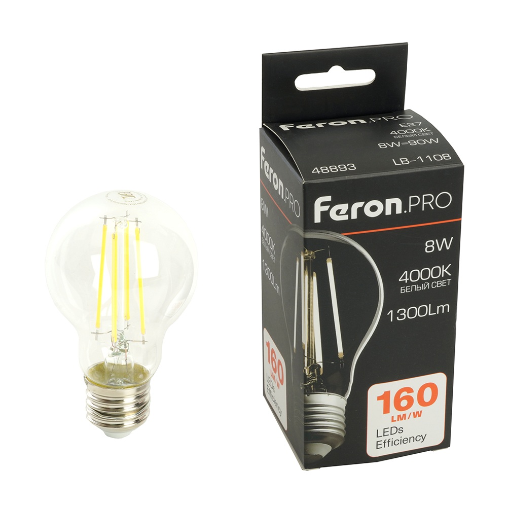 Лампа светодиодная филамент A60 шар 8W 175-265V E27 4000К Feron 48893_FR