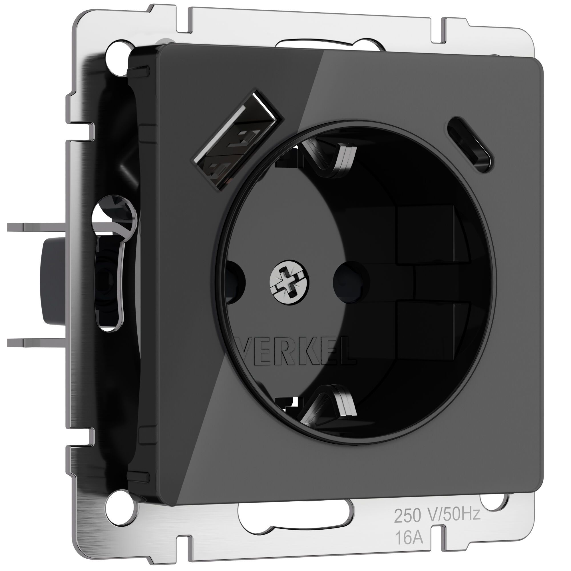 Розетка с заземлением, шторками и USB тип A+C Werkel a064044, цвет черный - фото 1