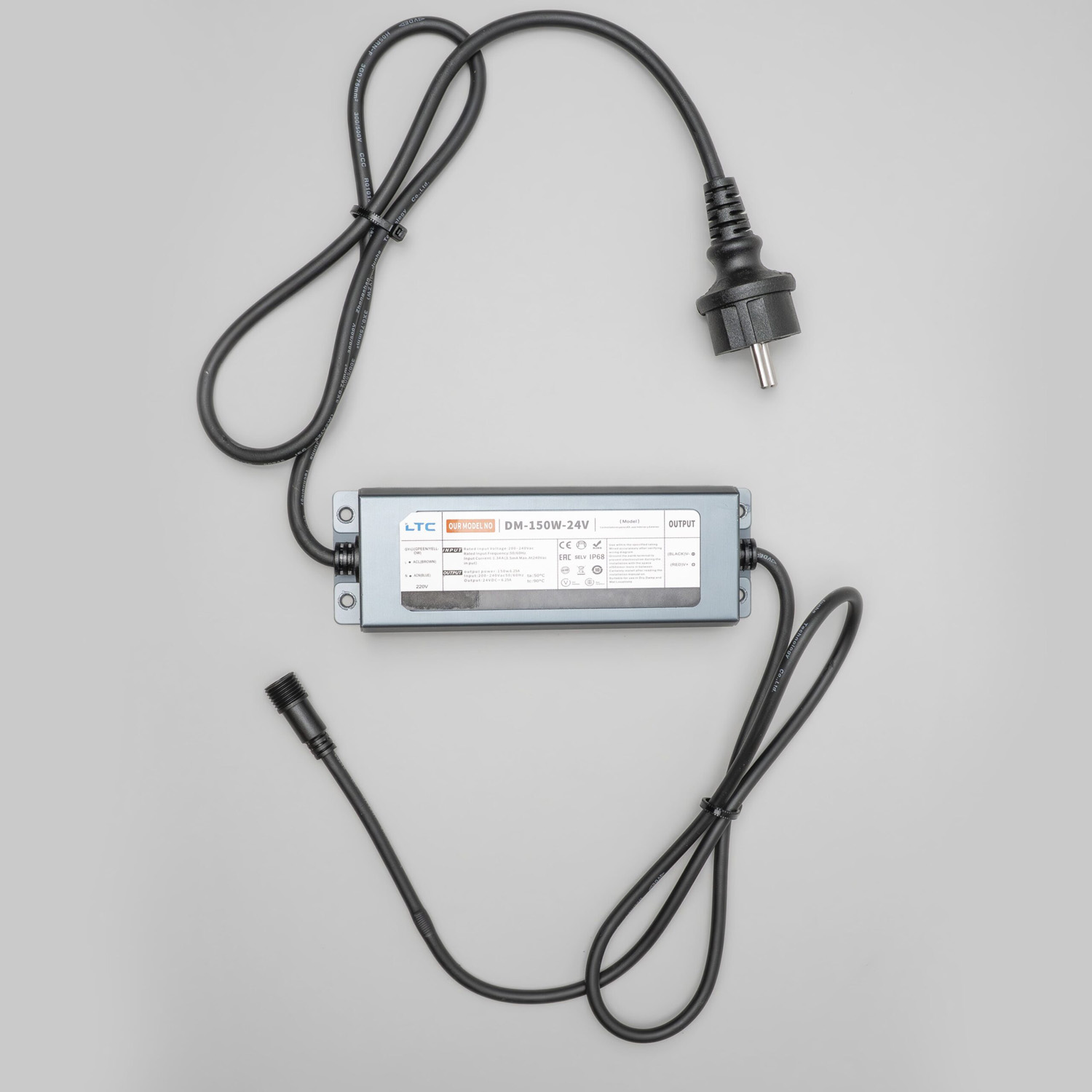 Блок Питания Электронный 150W для Нитей 24В, до 2000 LED, Провод Черный Каучук, IP65 LTC DM-150F-24V