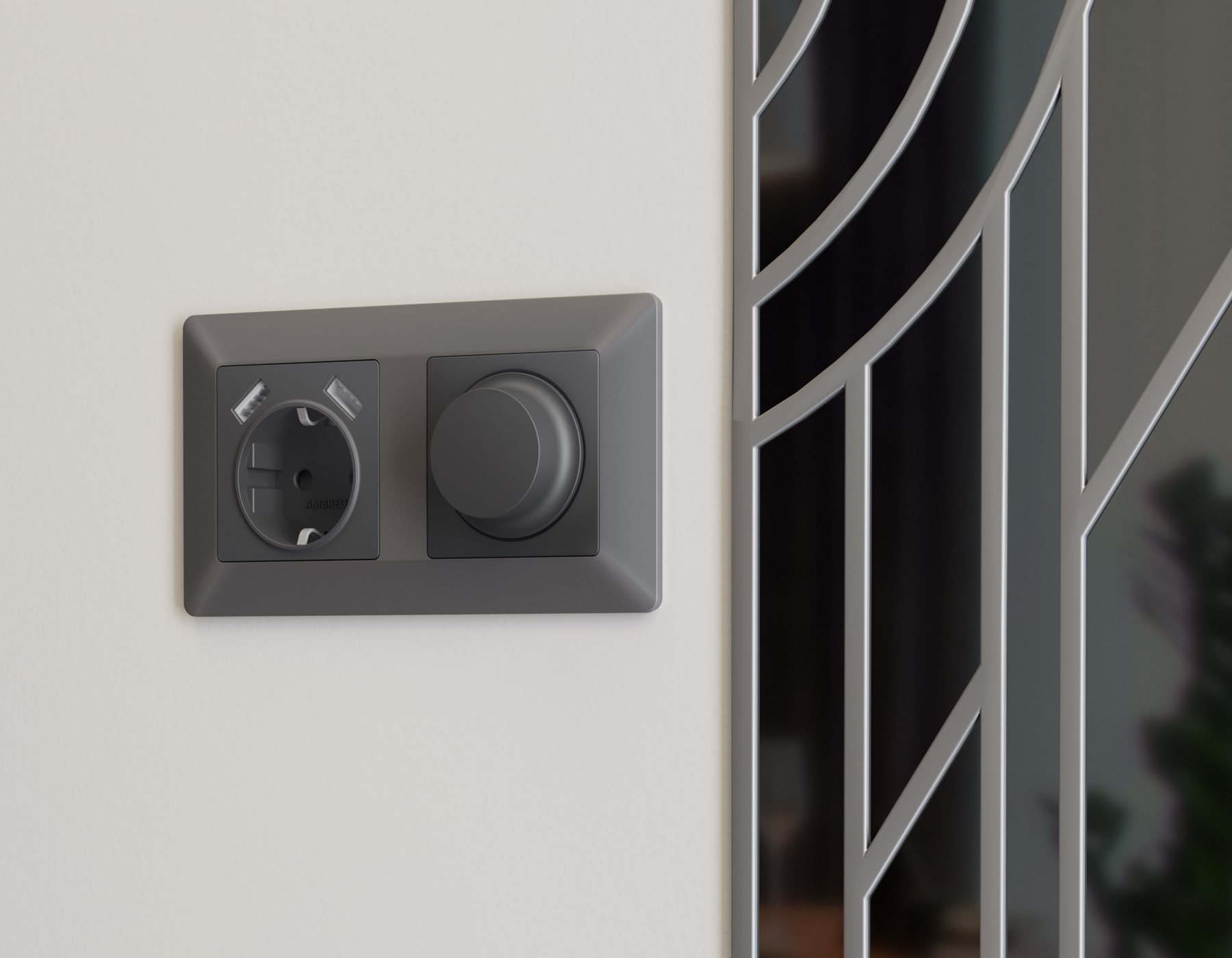 Лицевая панель для электрической розетки с заземлением со шторками 2USB A+A Ambrella Volt QUANT AP9090_AMB