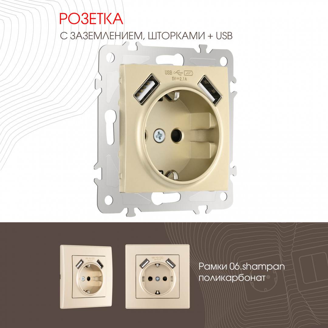 Розетка с заземлением шторками + 2 USB 16A 250V USB DC 5V 2.1A Arte Milano 206.47-1.shampan