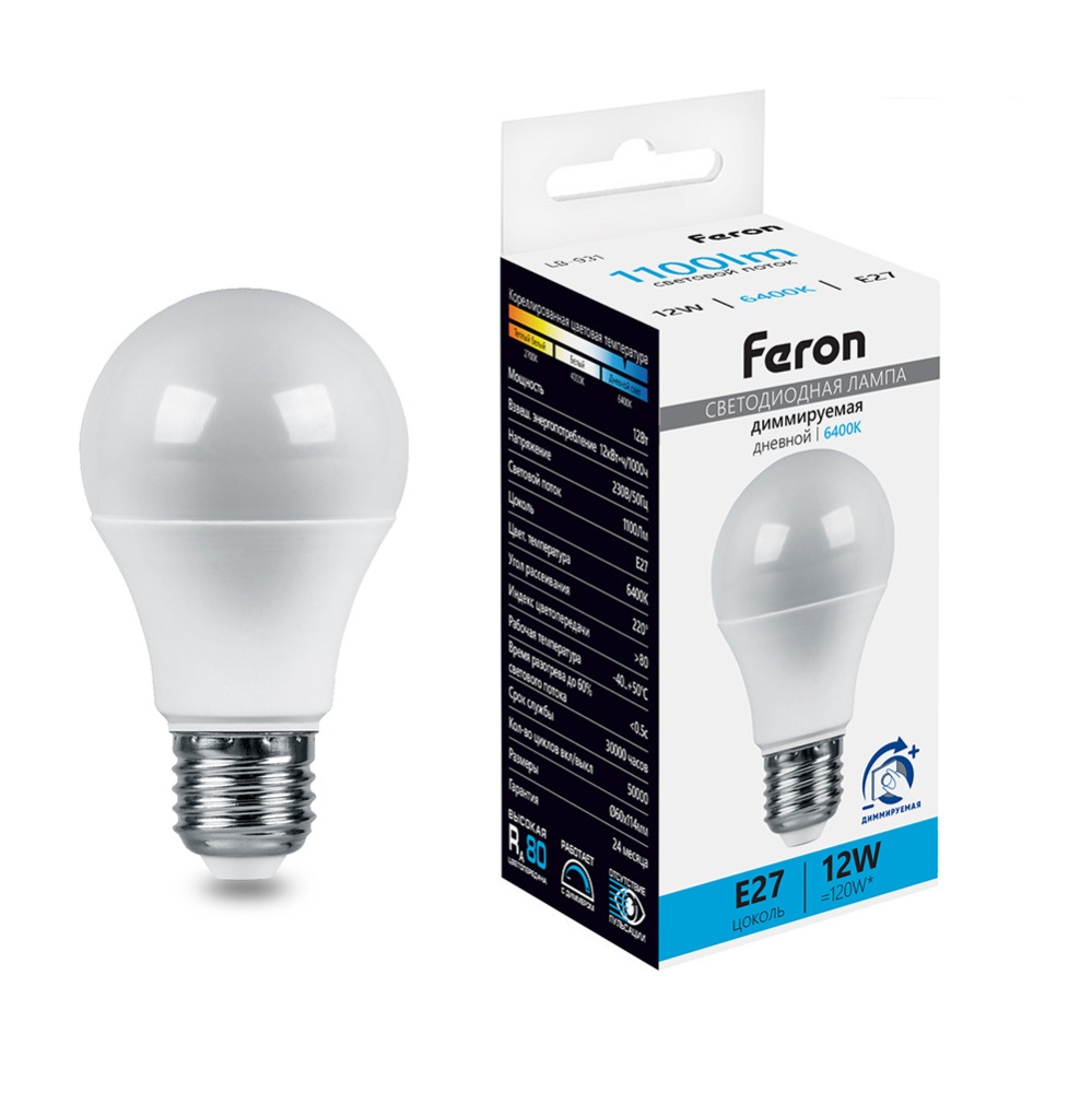 Лампа светодиодная A60 шар диммируемая 12W 230V E27 6400К Feron 51054_FR