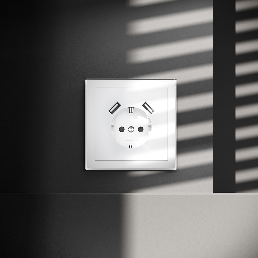 Розетка встраиваемая VOLTUM S70 с заземлением и защитными шторками, 16А, с USB, A+A VLS040401