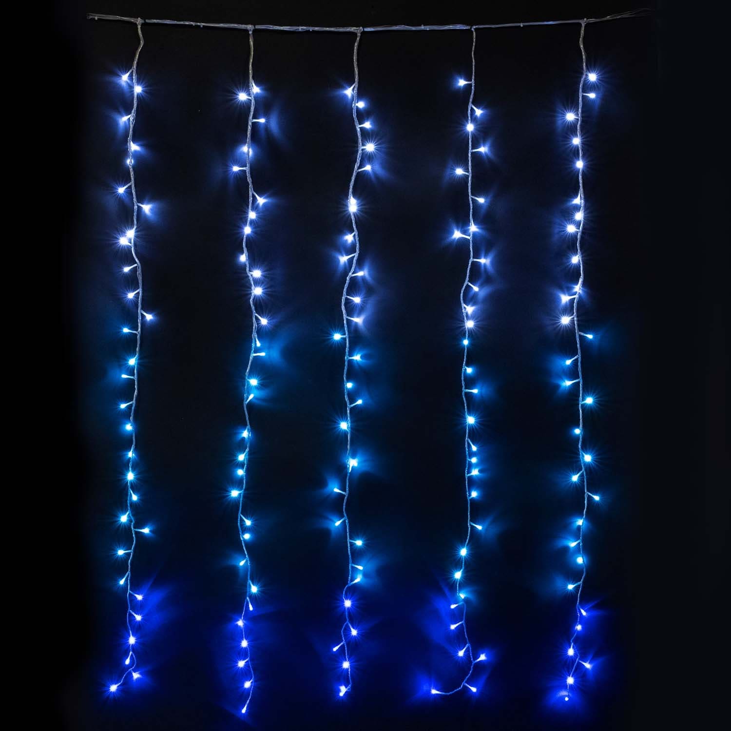 Гирлянда Занавес с Эффектом Бегущий Огонь 2 x 1,6 м Бело-Синий 24В, 150 LED, Провод Прозрачный Силикон, IP65 ESI150-SH10-1WB