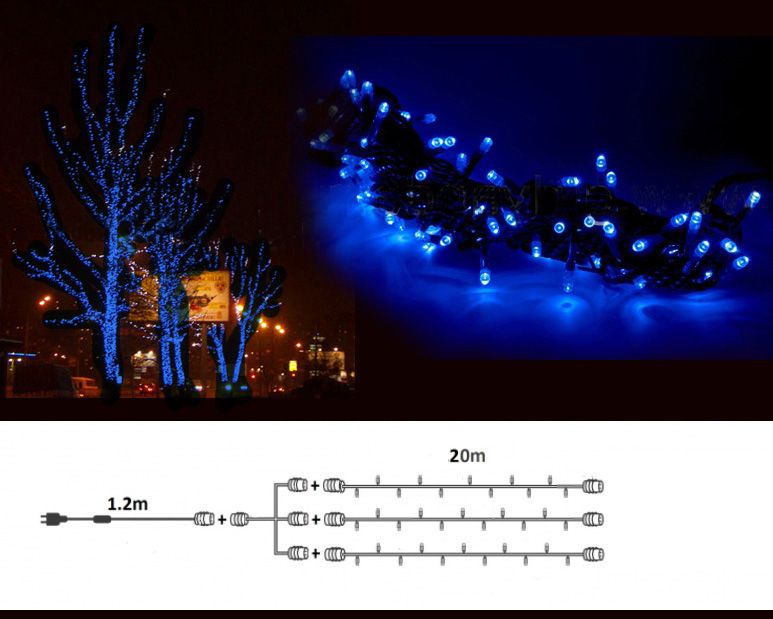 Комплект 3 Синих Нити по 20м, 600 LED, Провод Черный ПВХ, IP54 KDD600-11-1B