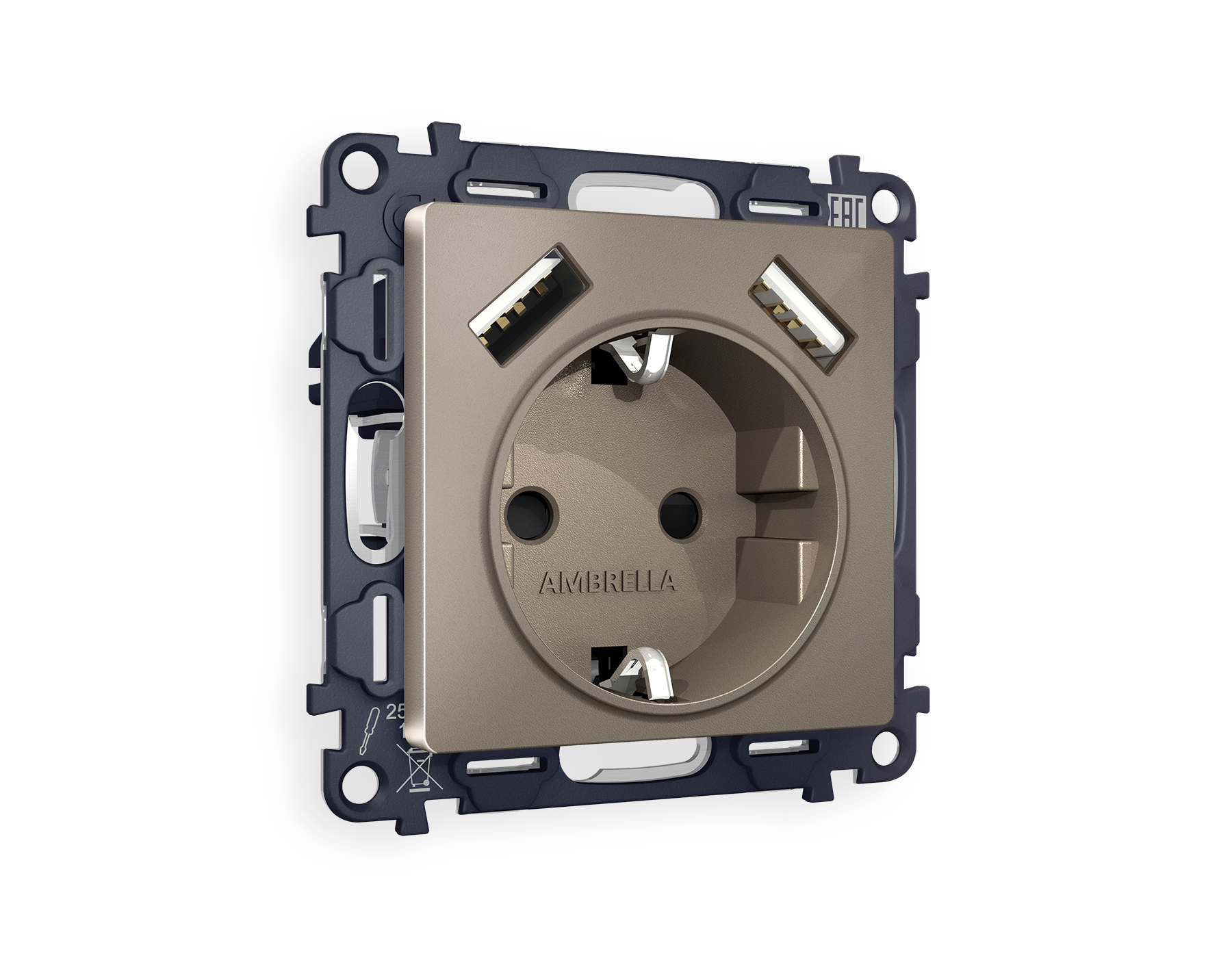 Розетка Ambrella Volt ALFA 2USB A+A 18W быстрая зарядка с заземлением и шторками 2P+E 16A-250V QUANT MA639010_AMB