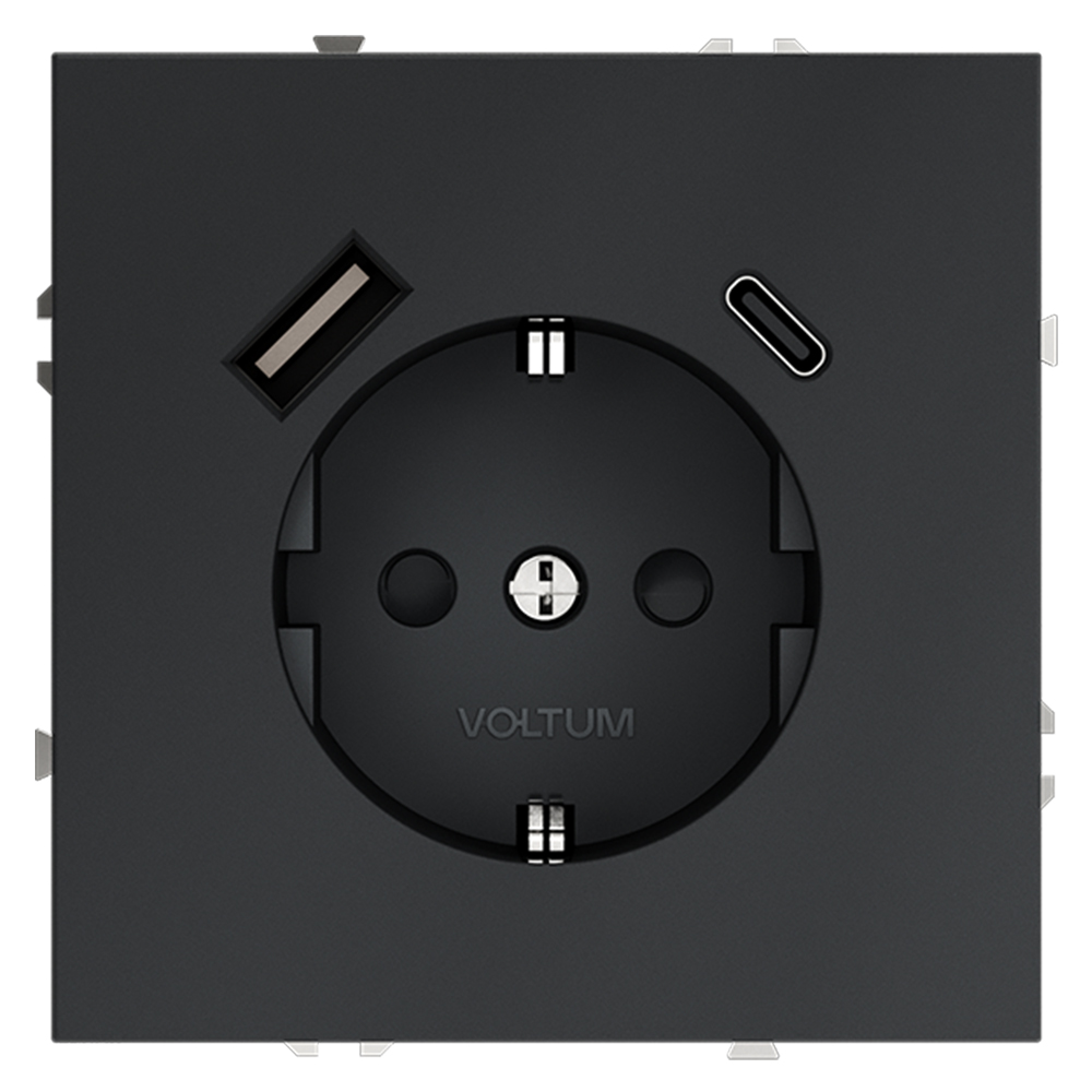 Розетка встраиваемая VOLTUM S70 с заземлением и защитными шторками, 16А, с USB, A+С VLS040507